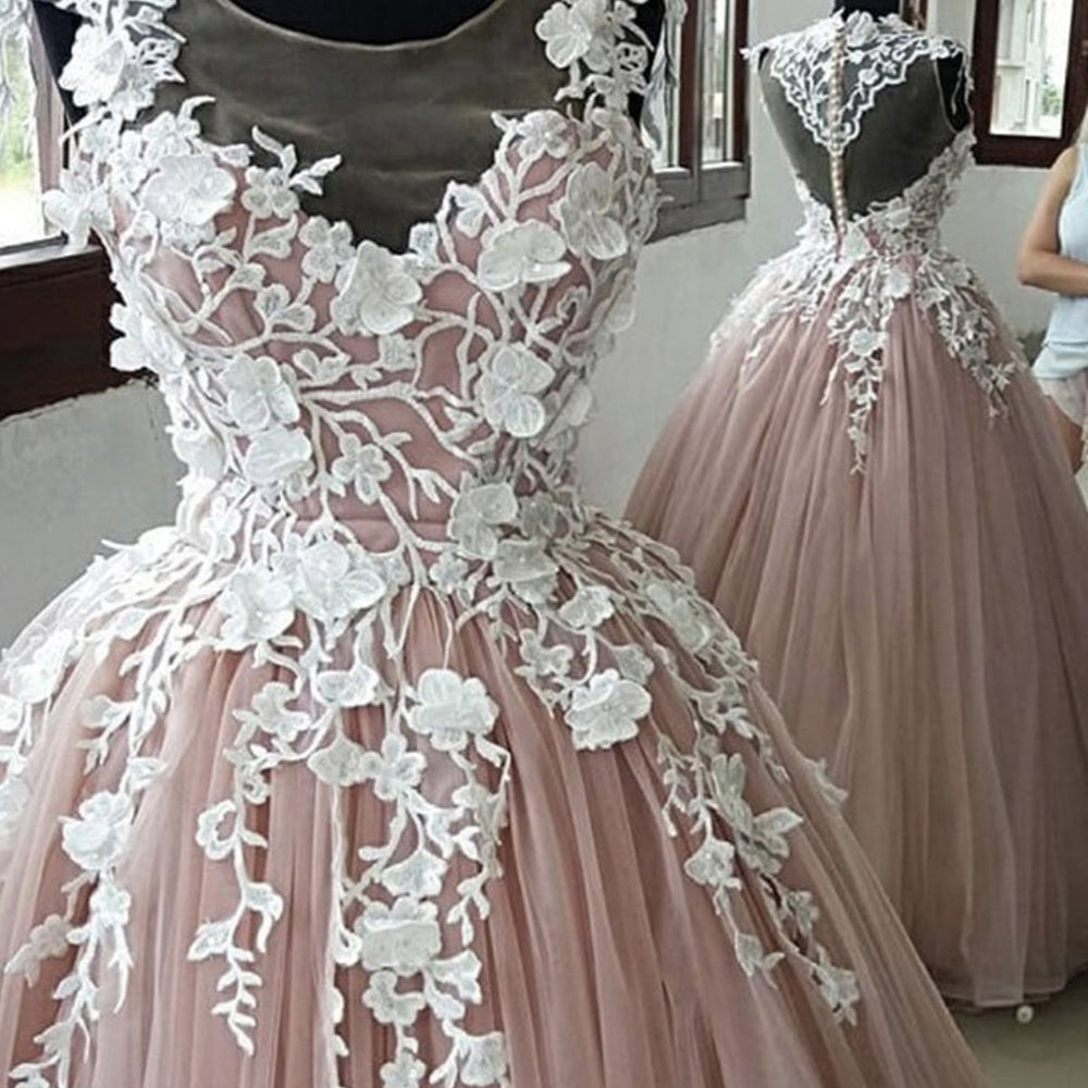 
                      
                        Round Neck Pink Lace Long Prom Dresses, Pink Lace Formal Dresses, Pink Evening Dresses
                      
                    