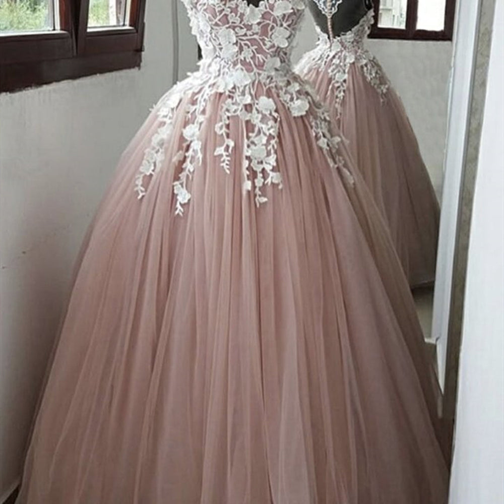 
                      
                        Round Neck Pink Lace Long Prom Dresses, Pink Lace Formal Dresses, Pink Evening Dresses
                      
                    