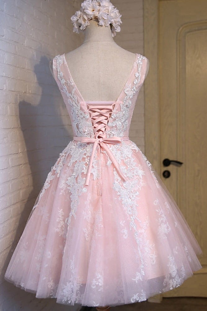 
                      
                        Round Neck Short Pink Lace Prom Dresses, Pink Lace Formal Graduation Evening Dresses, Pink Homecoming Dresses
                      
                    