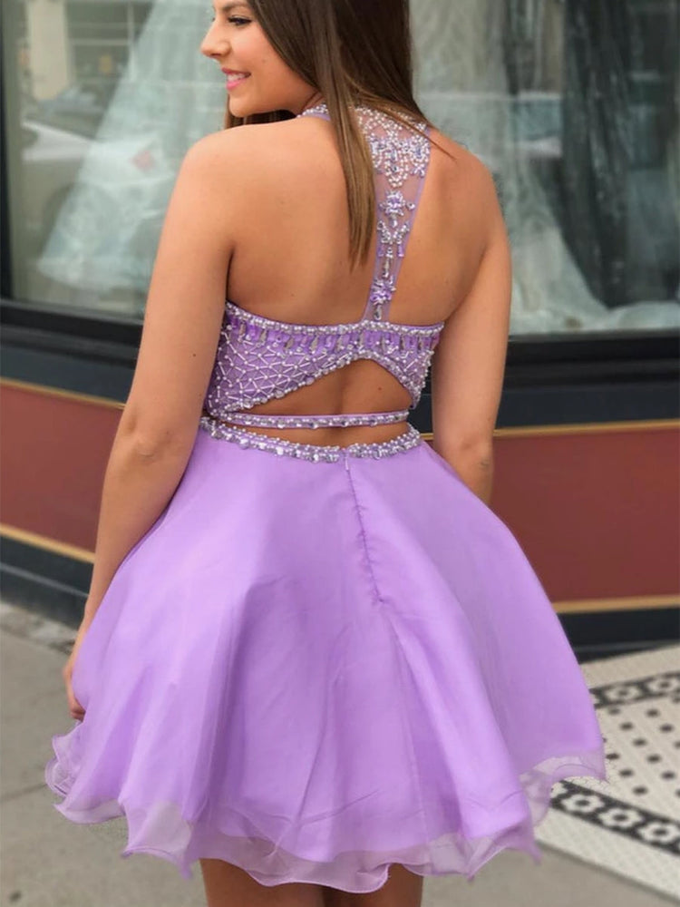 
                      
                        Round Neck Two Pieces Beaded Purple Short Prom Dresses Homecoming Dresses, Two Pieces Beaded Purple Formal Graduation Evening Dresses
                      
                    