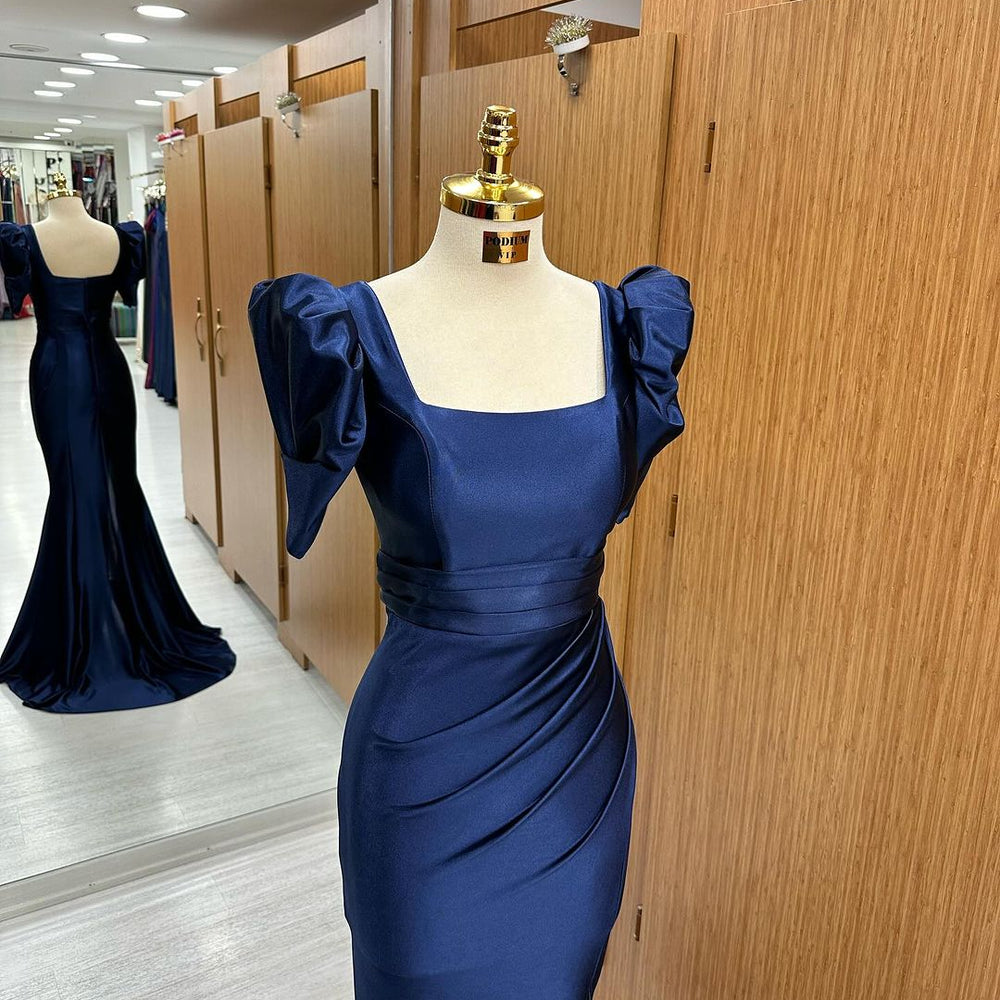 
                      
                        Royal Blue Long Mermaid Prom Dress with Bubble Sleeves and Square Neckline Slit
                      
                    