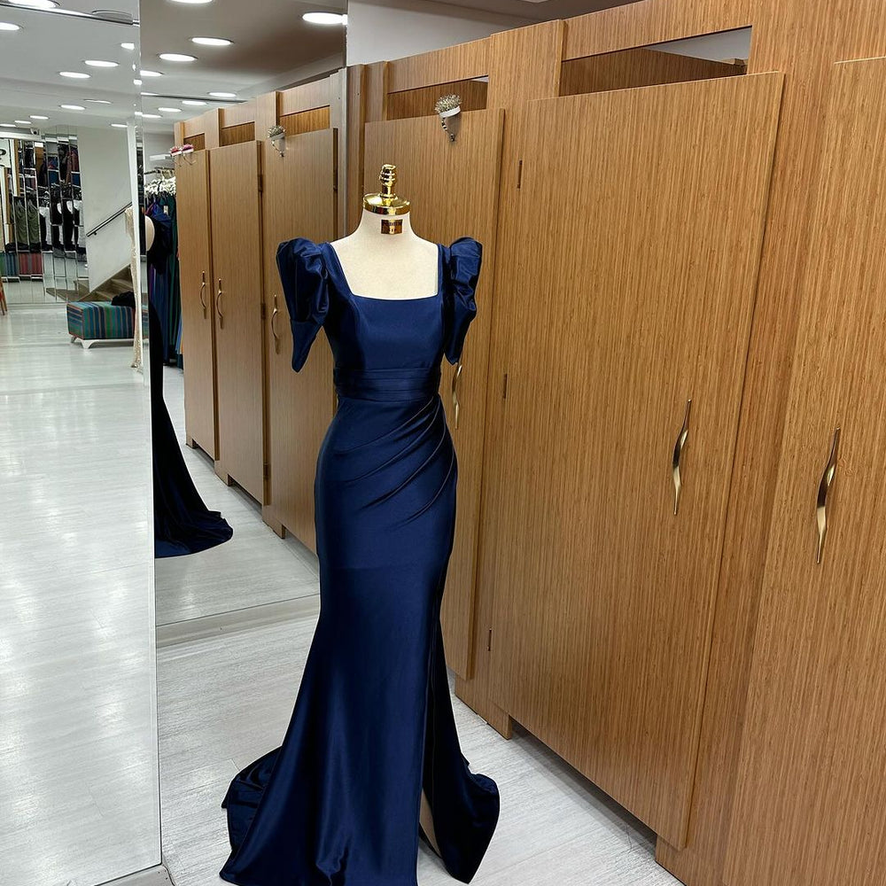 
                      
                        Royal Blue Long Mermaid Prom Dress with Bubble Sleeves and Square Neckline Slit
                      
                    