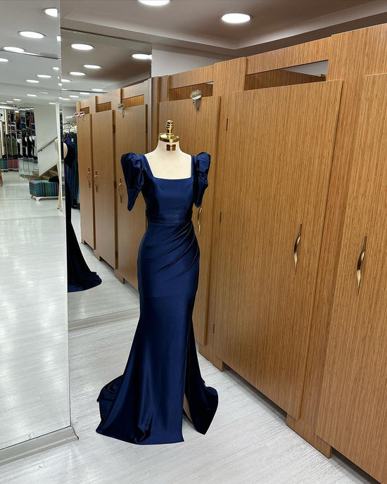 Royal Blue Long Mermaid Prom Dress with Bubble Sleeves and Square Neckline Slit