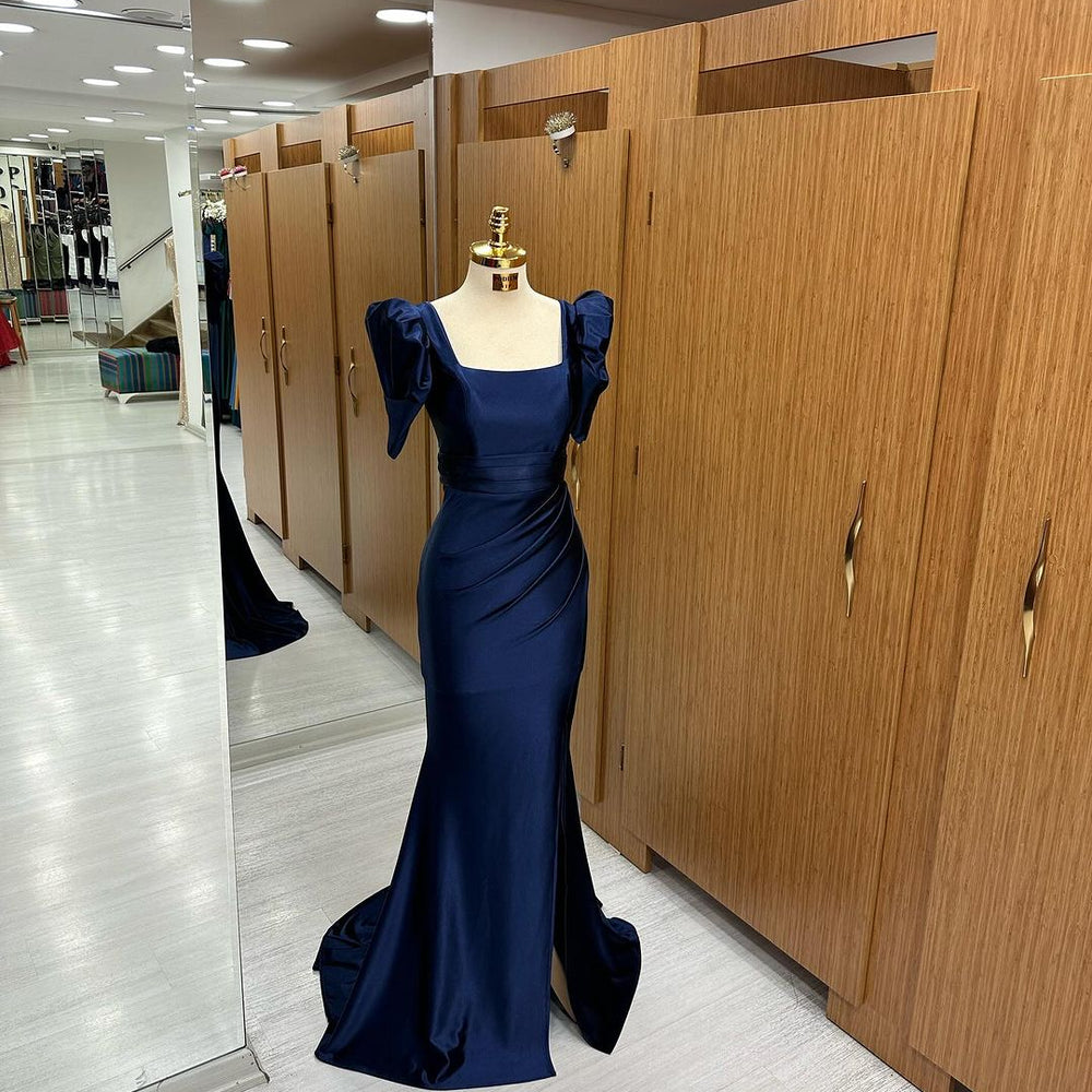 
                      
                        Royal Blue Long Mermaid Prom Dress with Bubble Sleeves and Square Neckline Slit
                      
                    