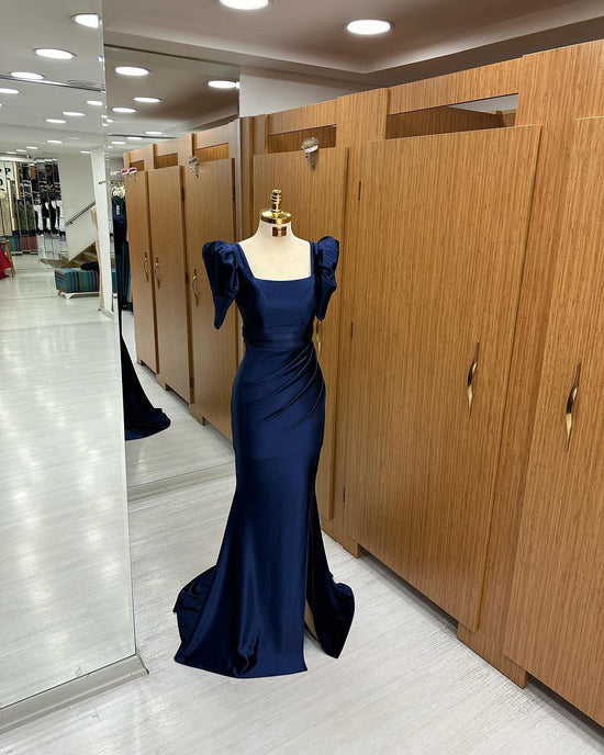 Royal Blue Long Mermaid Prom Dress with Bubble Sleeves and Square Neckline Slit