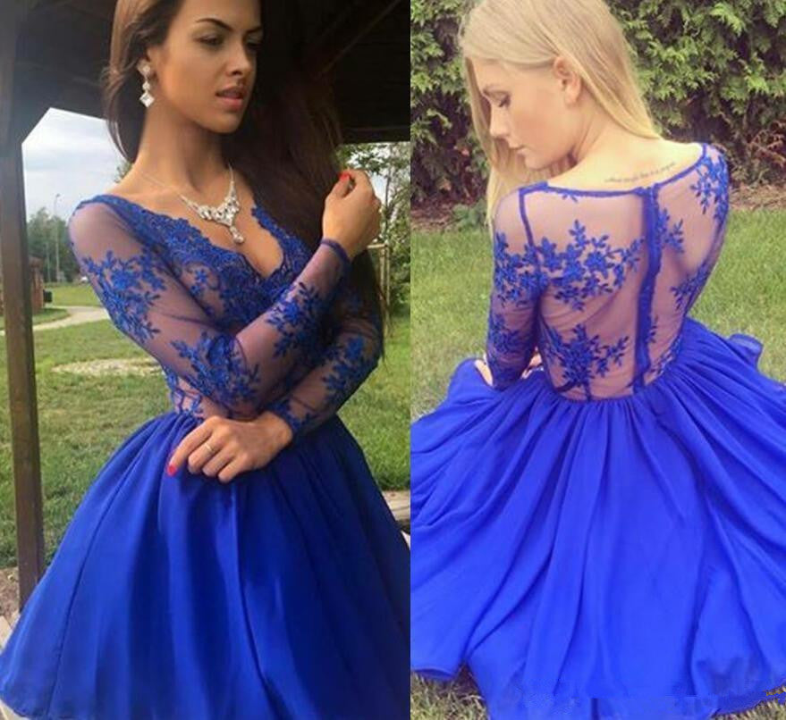 
                      
                        Royal-Blue Long-Sleeve Short Prom Dress | Lace Homecoming Dress BA9184
                      
                    