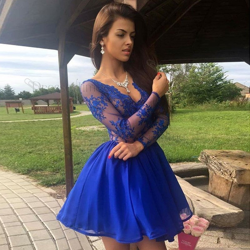 
                      
                        Royal-Blue Long-Sleeve Short Prom Dress | Lace Homecoming Dress BA9184
                      
                    