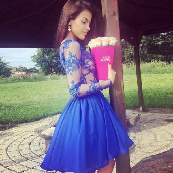 
                      
                        Royal-Blue Long-Sleeve Short Prom Dress | Lace Homecoming Dress BA9184
                      
                    