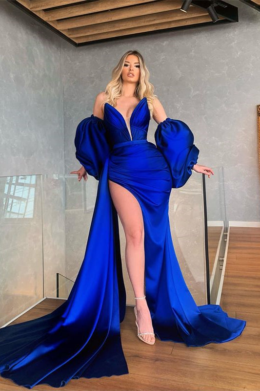 Royal Blue Mermaid Prom Dress With Removable Sleeves and Slit