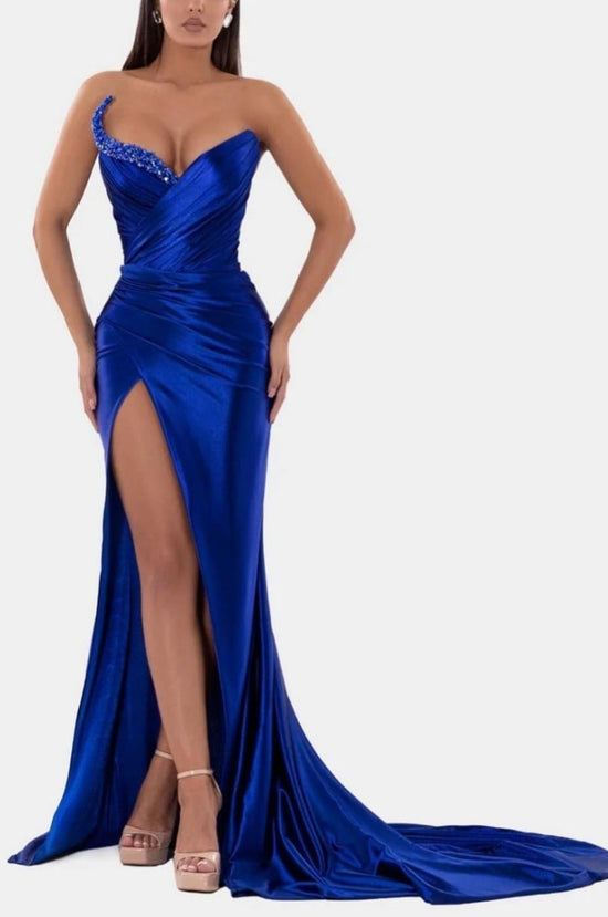 Royal Blue Prom Dress: Sexy V Neck, High Slit, Pleated, Strapless, Sleeveless