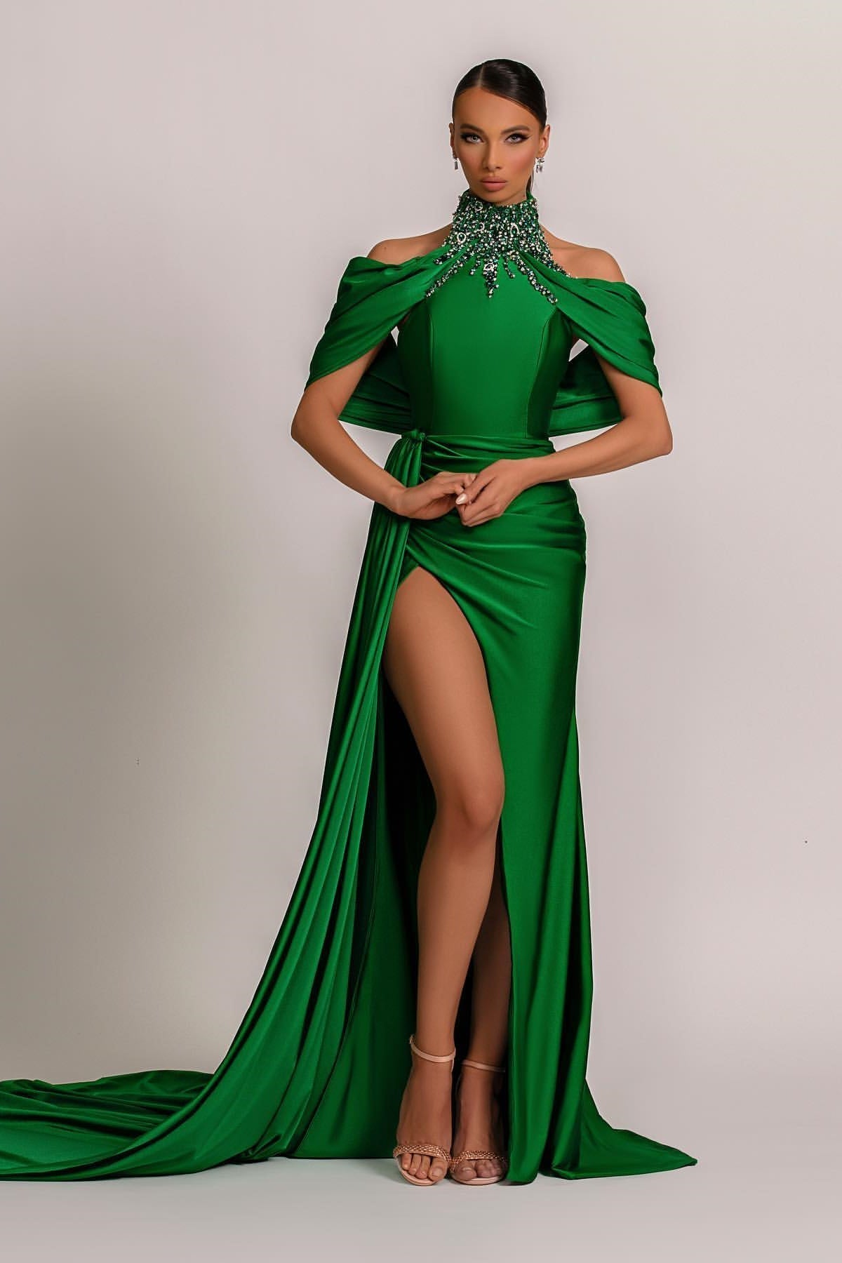 Sage Green Halter Prom Dress with Elegant Pleats and Dazzling Rhinestone Details