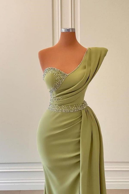 Sage One-Shoulder Split Mermaid Prom Dress With Beadings