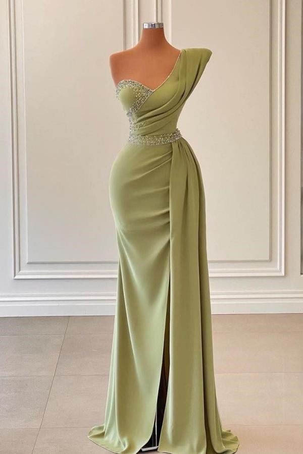 Sage One-Shoulder Split Mermaid Prom Dress With Beadings