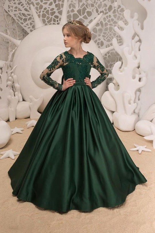 Satin Dark Green Jewel Lace Backless Flower Girl Dresses With Bow| Long Sleeves Floor Length Girl Party Dresses