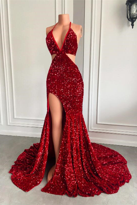 
                      
                        Scarlet Glam Halter Sequin Mermaid Gown with Daring Split
                      
                    