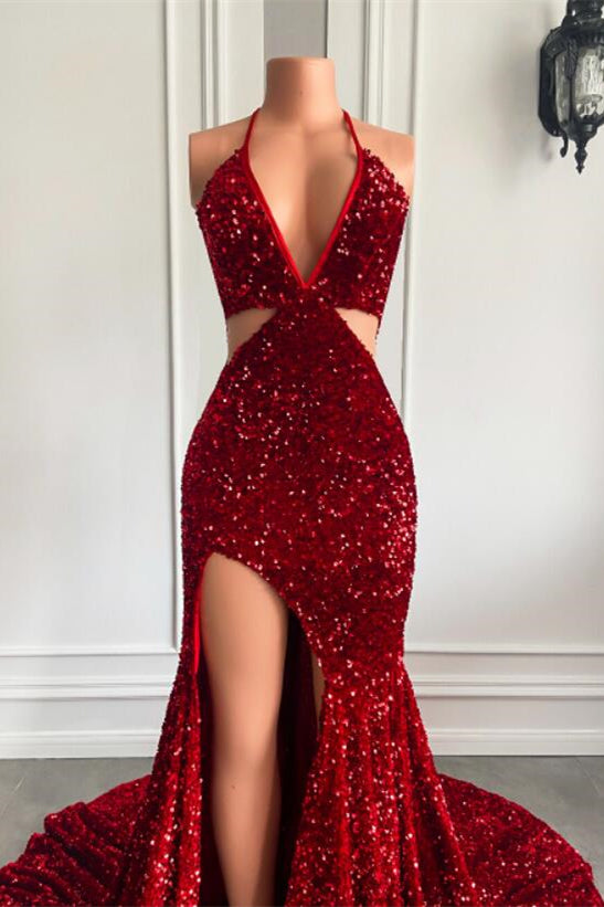 
                      
                        Scarlet Glam Halter Sequin Mermaid Gown with Daring Split
                      
                    