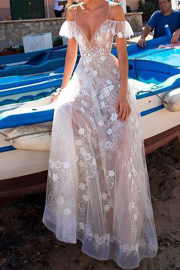 See Through Beach Wedding Dress Spaghetti Straps Lace Bridal Dress