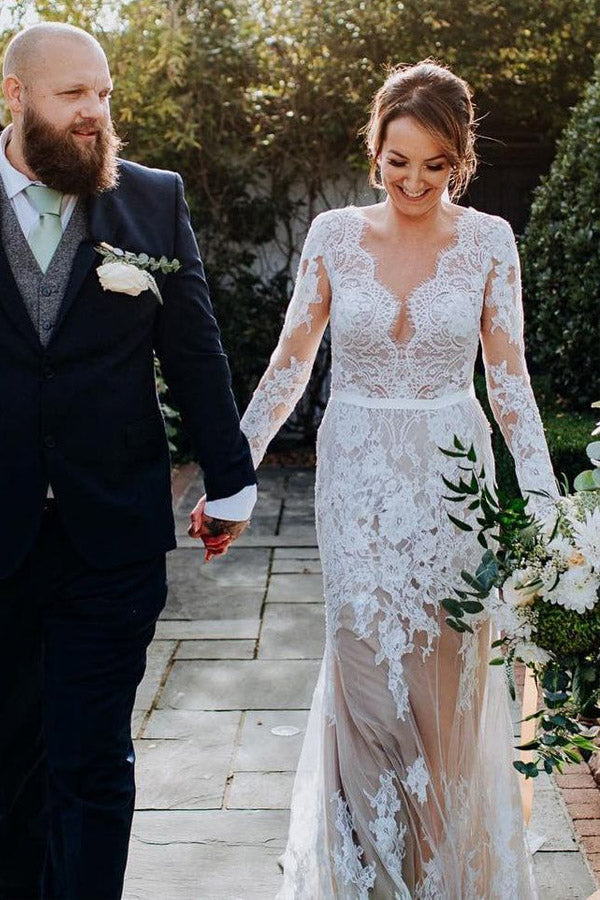 See Through Long Sleeve Beach Wedding Dress