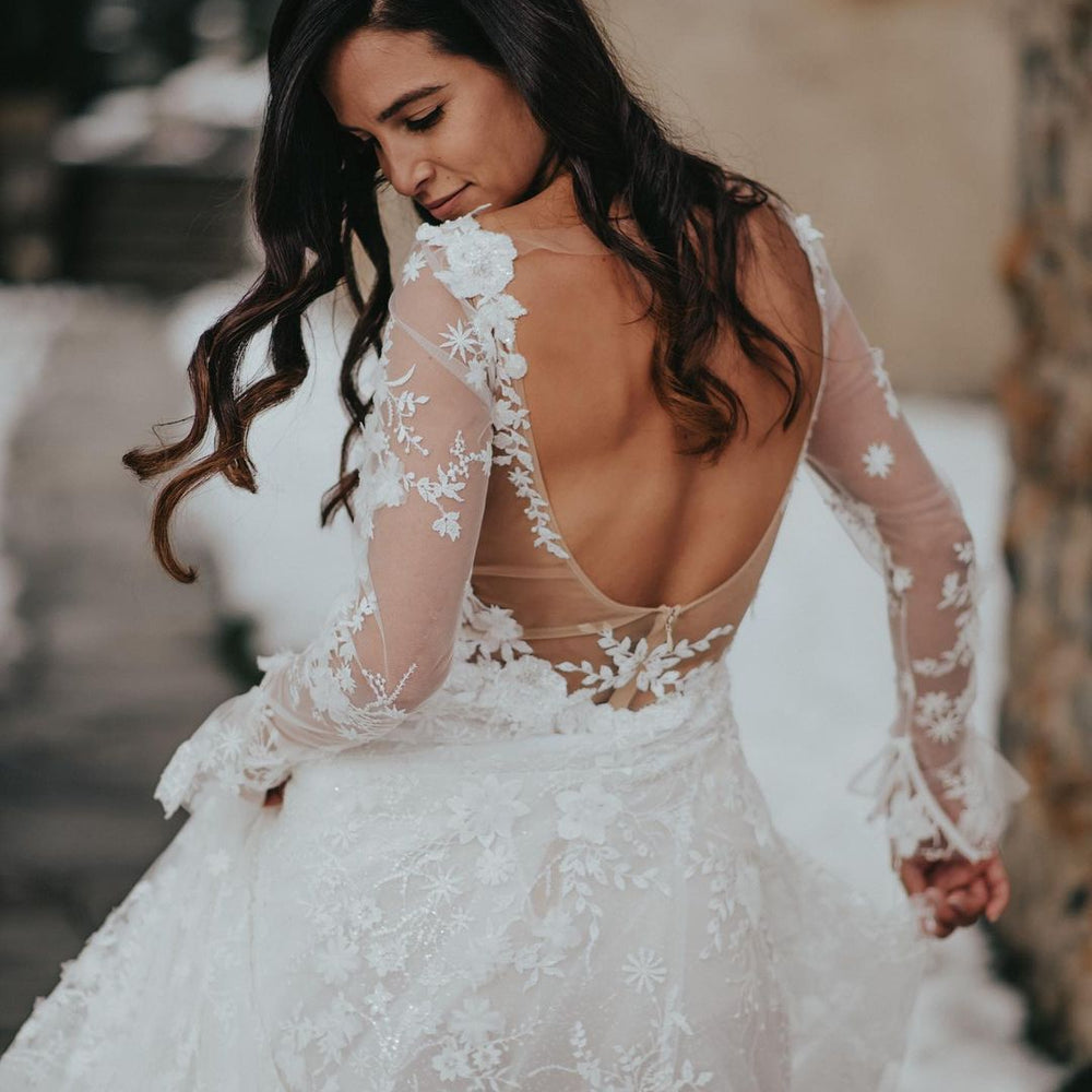 
                      
                        See Through Long Sleeve Lace Wedding Dress With Lace Appliques
                      
                    