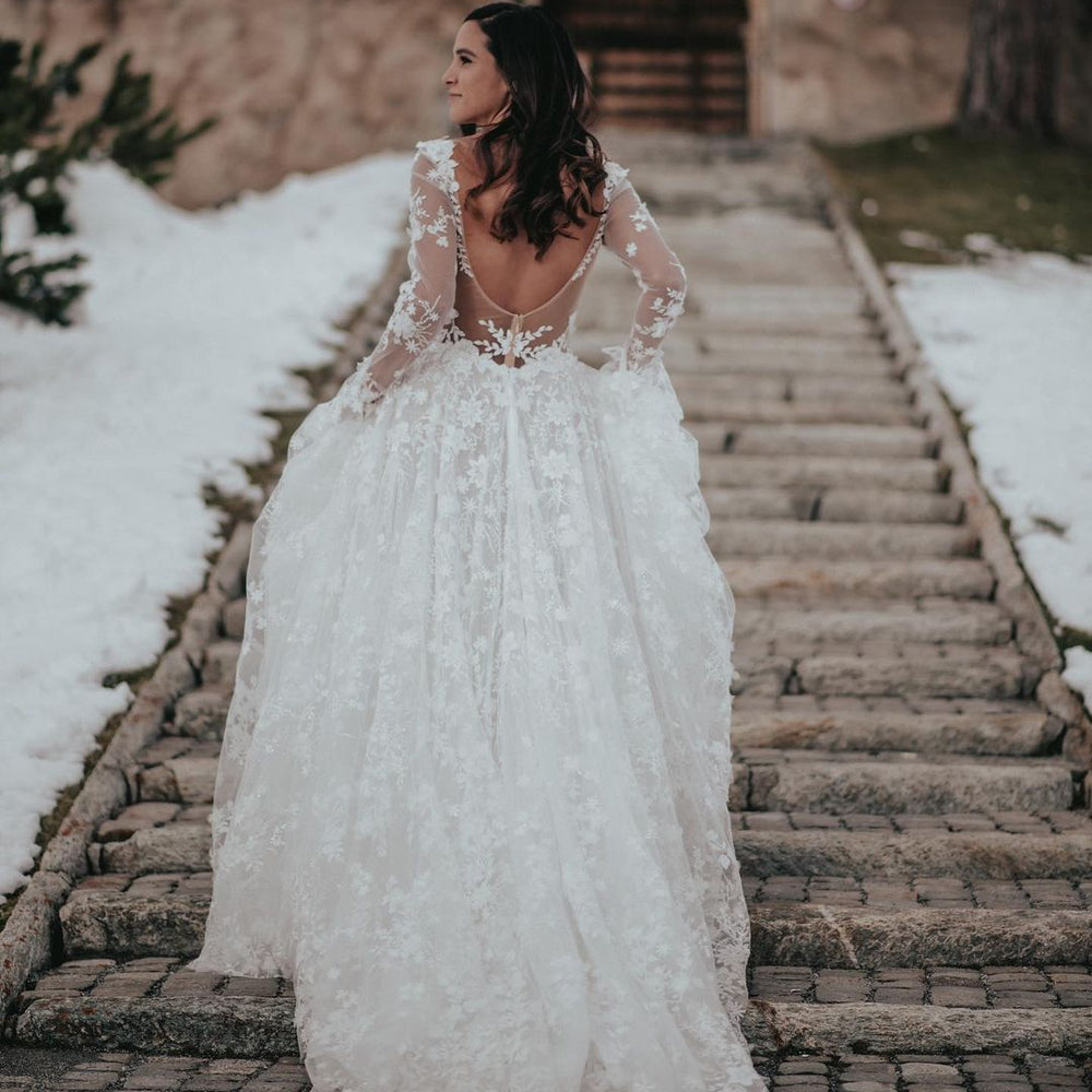 
                      
                        See Through Long Sleeve Lace Wedding Dress With Lace Appliques
                      
                    