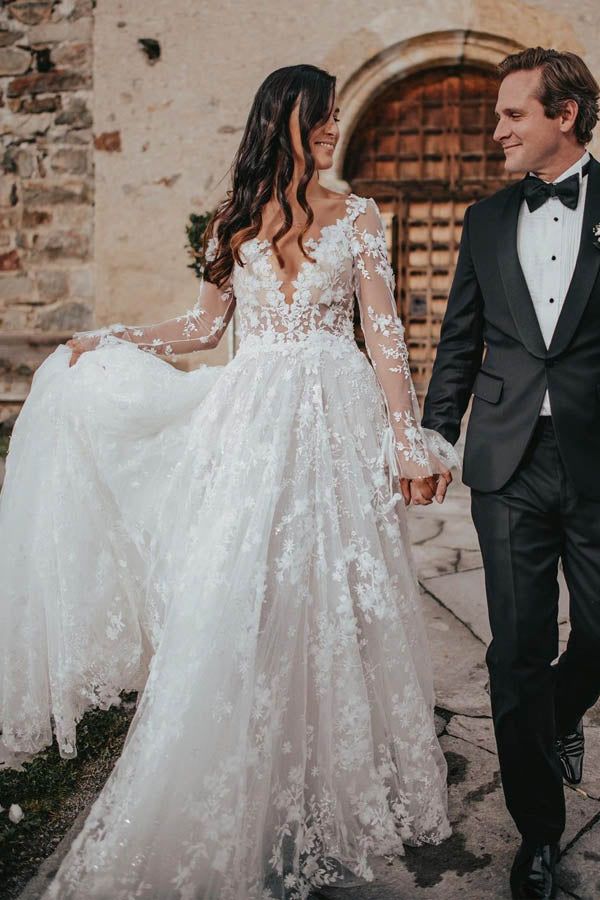 See Through Long Sleeve Lace Wedding Dress With Lace Appliques