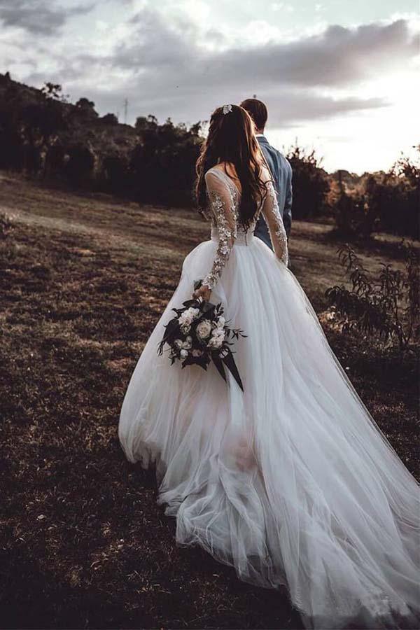 See Through Long Sleeve Rustic Wedding Dress With Lace Appliques 