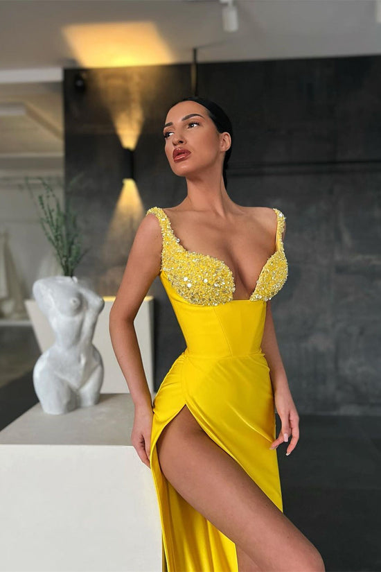 Sequin-Embellished Yellow Mermaid Prom Dress with Slit