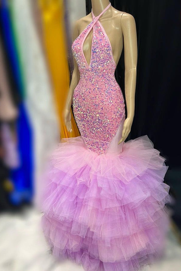 
                      
                        Sequins Tulle Prom Dress Mermaid Halter Sleeveless
                      
                    