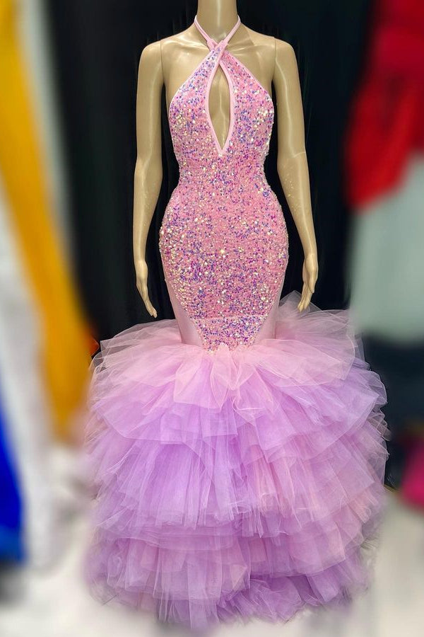 
                      
                        Sequins Tulle Prom Dress Mermaid Halter Sleeveless
                      
                    