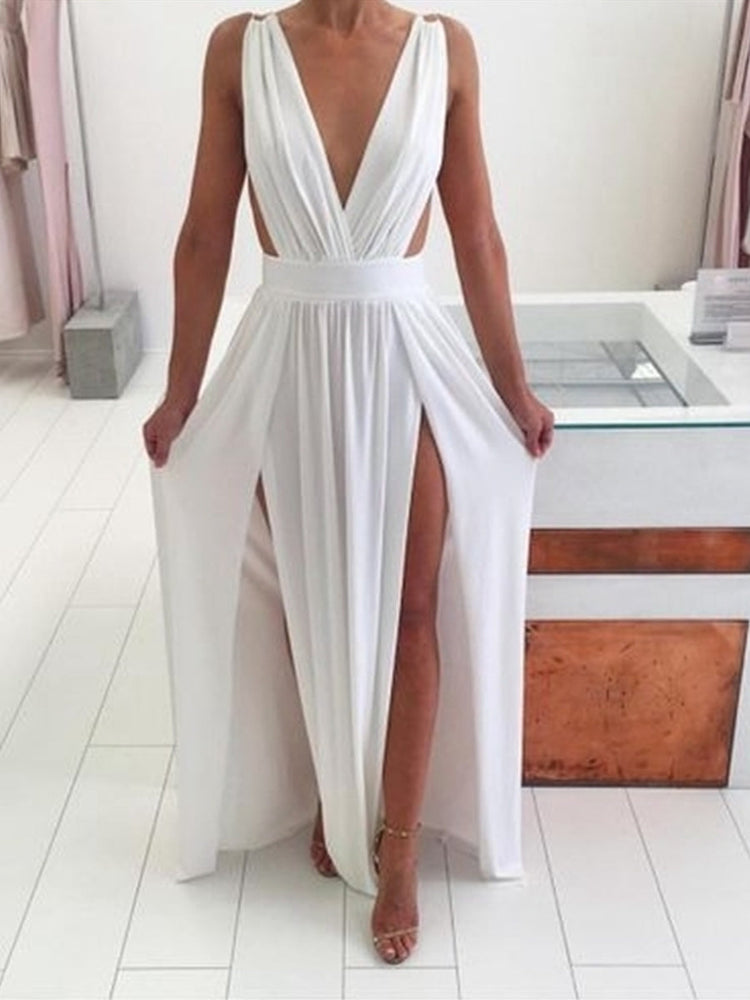 Sexy A Line V Neck White Chiffon Long Prom Dresses with High Slit, V Neck White Formal Dresses, White Graduation Dresses