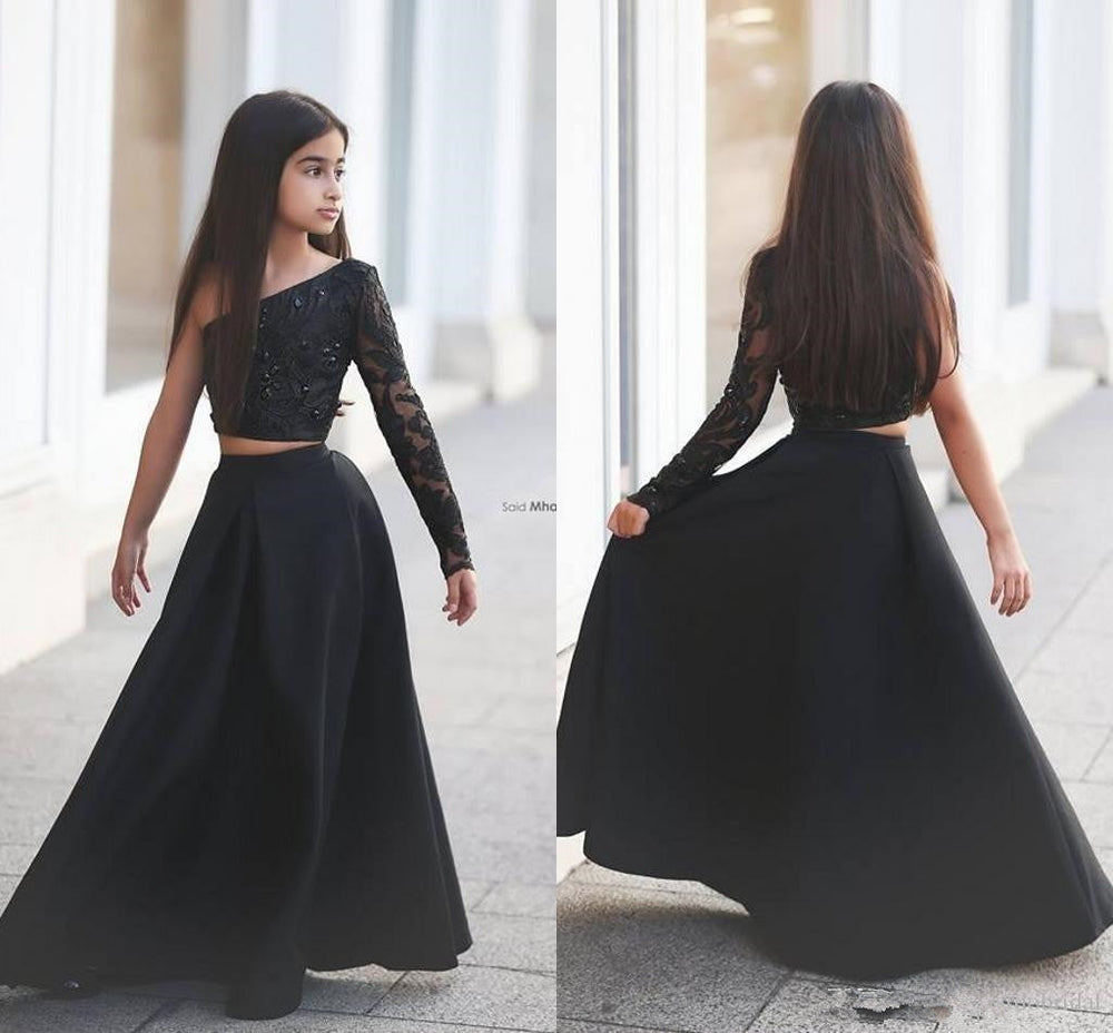 
                      
                        Sexy Black Two Piece Lace Flower Girl Dress Black One Sleeve A-line
                      
                    