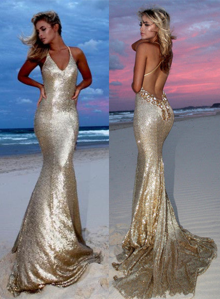 
                      
                        Sexy Gold V-Neck Sequins Prom Dresses | Mermaid Backless Evening Gowns
                      
                    