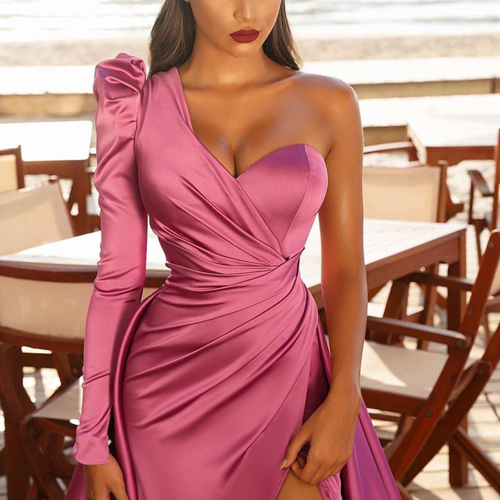 
                      
                        Sexy One Shoulder Satin Evening Maxi Gowns with Sweep Train Side Split Party Dress
                      
                    