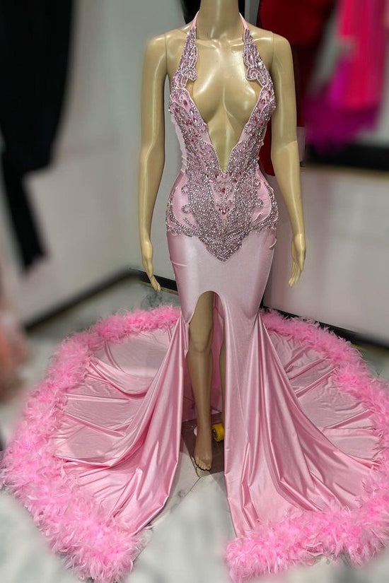Sexy Pink Feathered V-Neck Prom Dress with Appliques and Slit