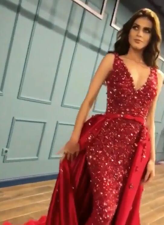 Sexy Red Crystal Sequins Prom Dresses | Ruffles Long Evening Gowns BC0423