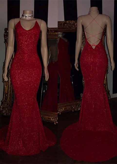 
                      
                        Sexy Red Sequins Prom Dresses | Mermaid Strings Back Evening Gowns BC1379
                      
                    