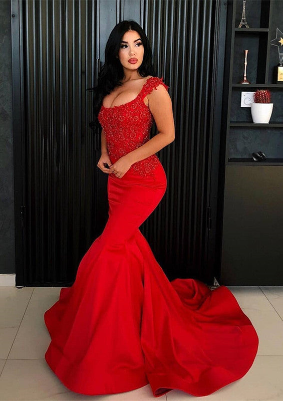 
                      
                        Sexy Red Straps Mermaid Prom Dress | Long Lace Appliques Evening Gowns
                      
                    