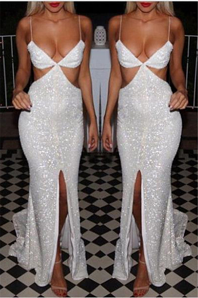 Sexy Sequins White Prom Dresses Front Split Floor Length