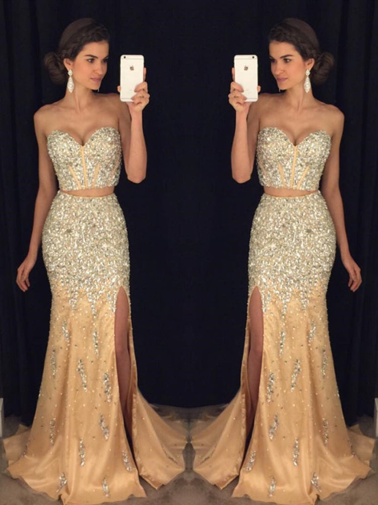 Sexy Sweetheart Neck Two Pieces Mermaid Beaded Champagne Prom Dresses 2019, Two Pieces Mermaid Champagne Formal Dresses, Evening Dresses