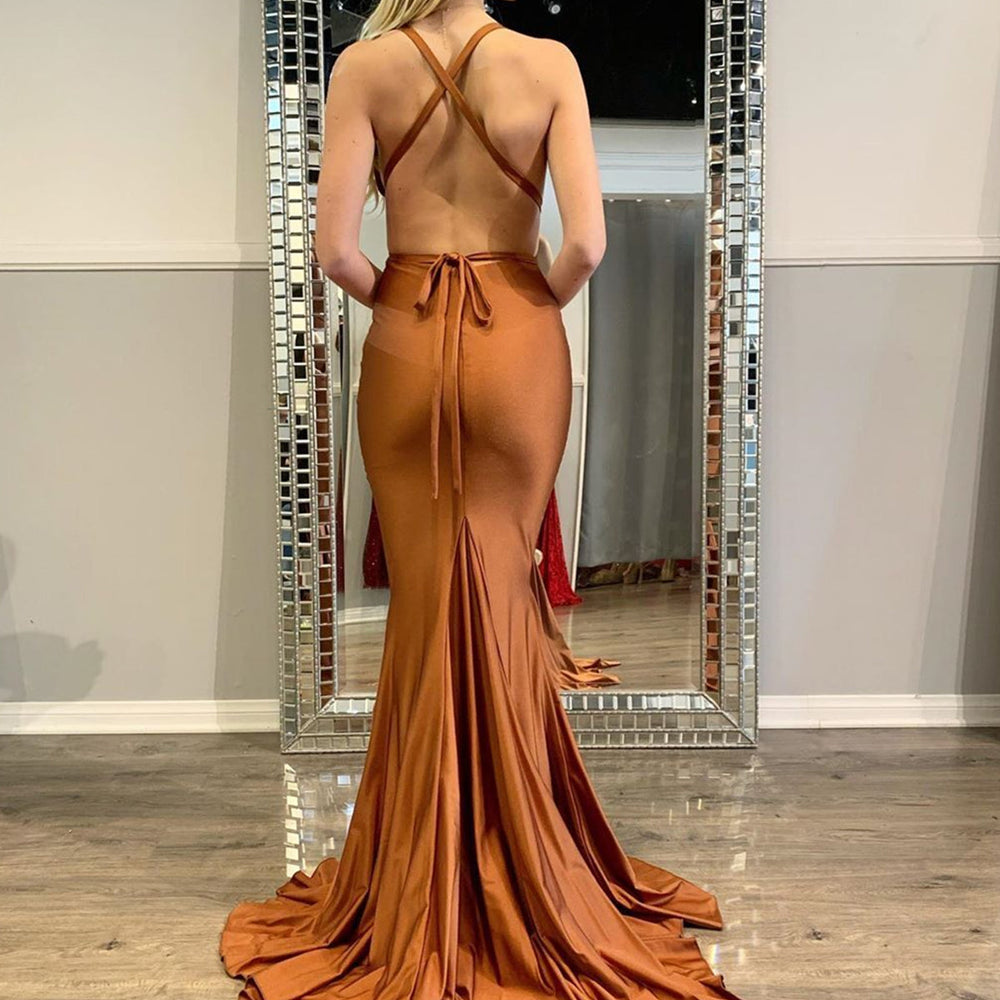 
                      
                        Sexy V Neck Backless Mermaid Clay Satin Long Prom Dresses, Mermaid Clay Formal Dresses, Clay Evening Dresses
                      
                    