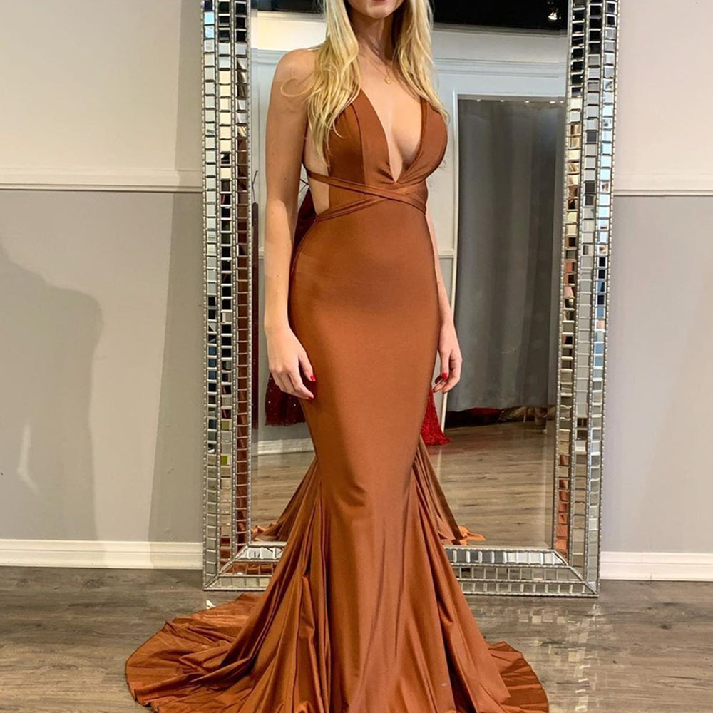 Sexy V Neck Backless Mermaid Clay Satin Long Prom Dresses, Mermaid Clay Formal Dresses, Clay Evening Dresses