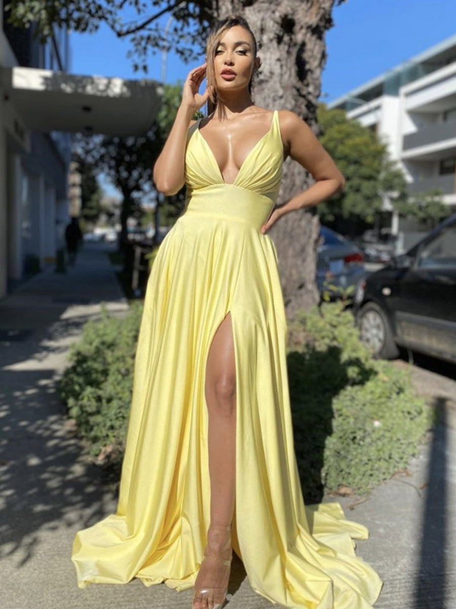 Sexy V Neck Backless Yellow Long Prom Dresses with  Backless Yellow Formal Dresses, Yellow Graduation Evening Dresses