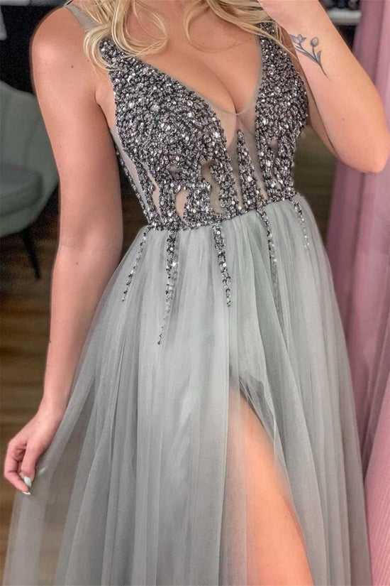 Sexy V Neck Gray Tulle Silver Beading Prom Dress Long Graduation Dress