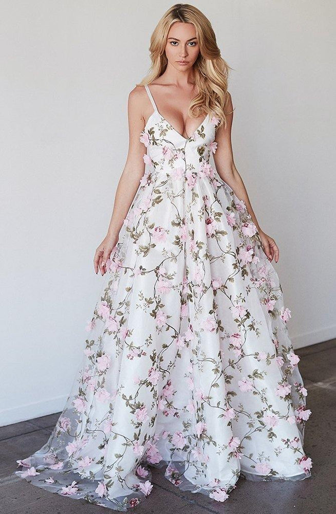 
                      
                        Sexy V Neck Spaghetti Straps Prom Dress 3D FLoral Evening Dress
                      
                    