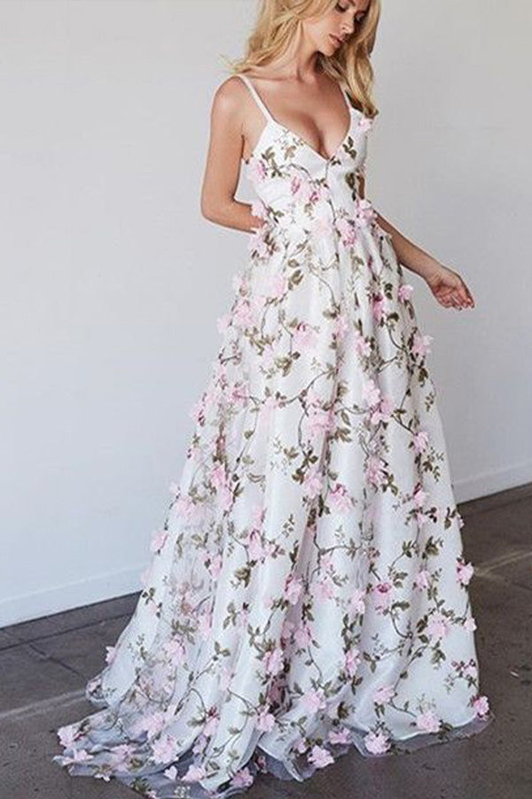 
                      
                        Sexy V Neck Spaghetti Straps Prom Dress 3D FLoral Evening Dress
                      
                    