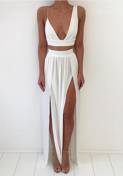 Sexy White Two Piece Prom Dress Front Split Floor-length