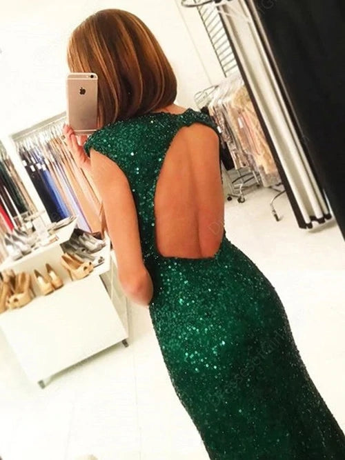 Sheath Dark Green Cap Sleeve Prom Dress Open Back Party Dress