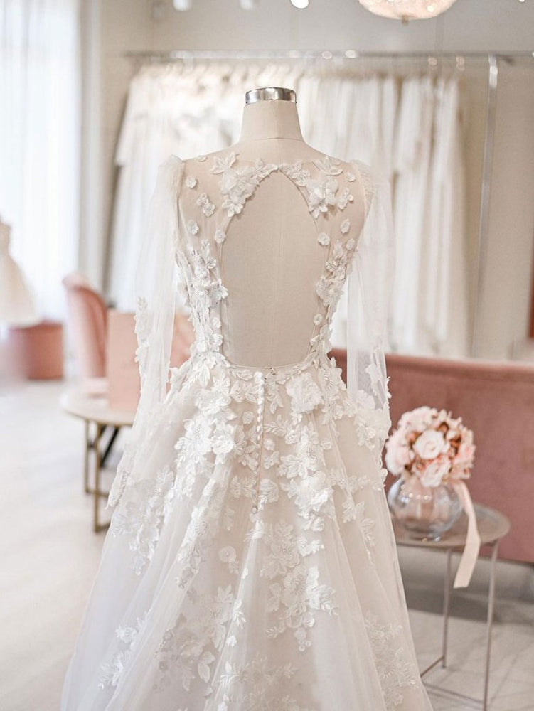 
                      
                        Sheer Sleeve Ivory Tulle Wedding Dress Floral Bridal Gown 
                      
                    