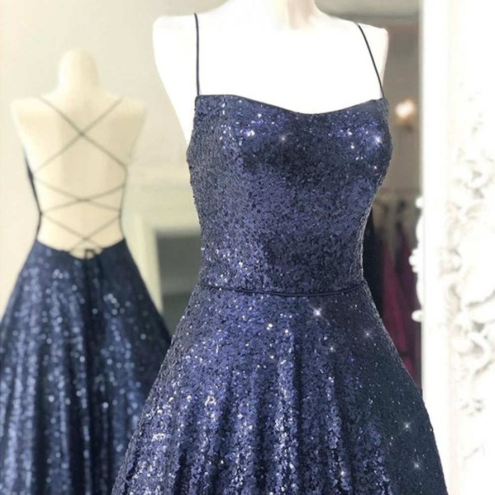 
                      
                        Shiny A Line Open Back Navy Blue Long Prom Dresses, y Backless Navy Blue Formal Evening Dresses
                      
                    