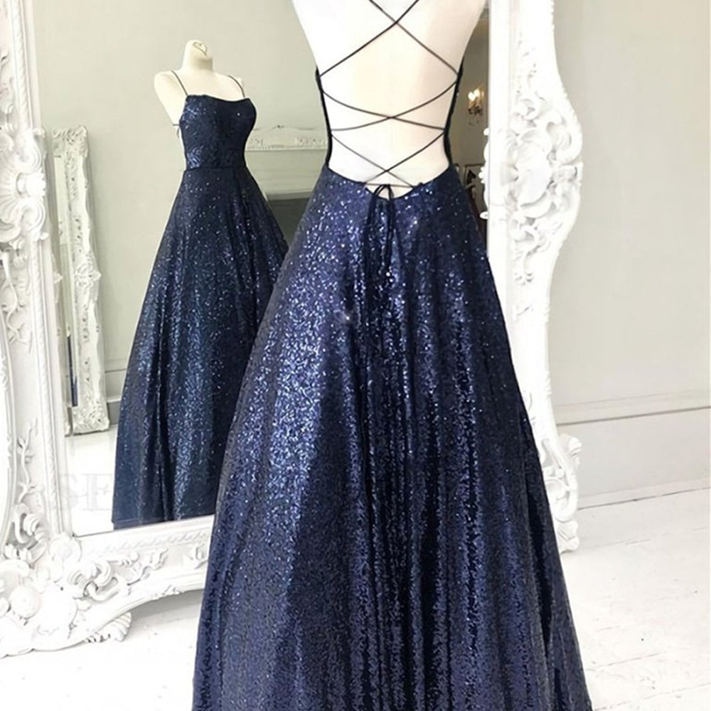 
                      
                        Shiny A Line Open Back Navy Blue Long Prom Dresses, y Backless Navy Blue Formal Evening Dresses
                      
                    